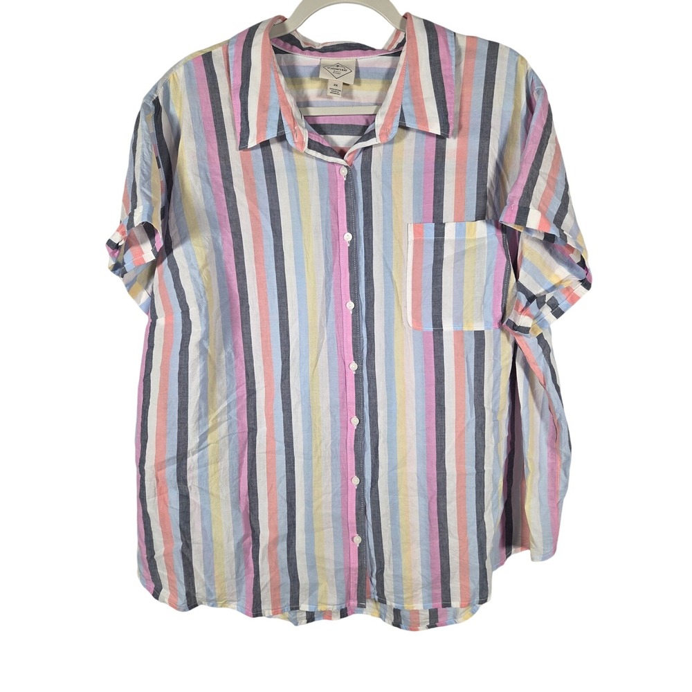 St Johns Bay Womens 2X Multicolor Striped Cotton Button‎ Up Short Sleeve Shirt